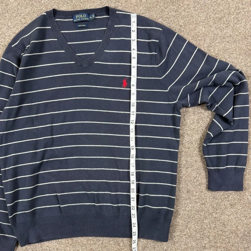 Vintage Y2K Polo Ralph Lauren Navy Striped V-Neck Cotton Sweater Men’s XL Preppy